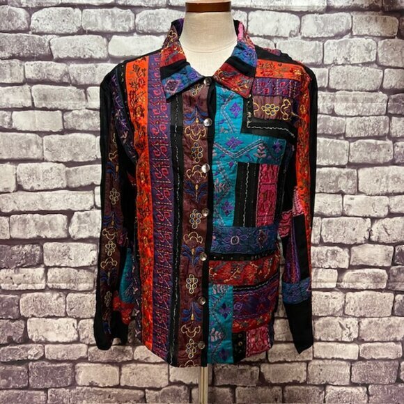 Chico's Jackets & Blazers - Chico's NWT Black, Purple, Red & Turquoise Button Down Jacket Size XL